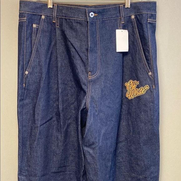 NWT & SOLD OUT Off-White '90s Logo Baggy Denim Jeans in Raw Blue Gold 36W x 36L - Picture 3 of 12
